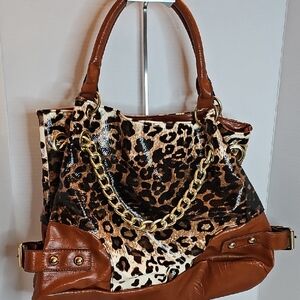 Aldo Leopard Print Shoulder Bag with Brown Trim and Gold Chain